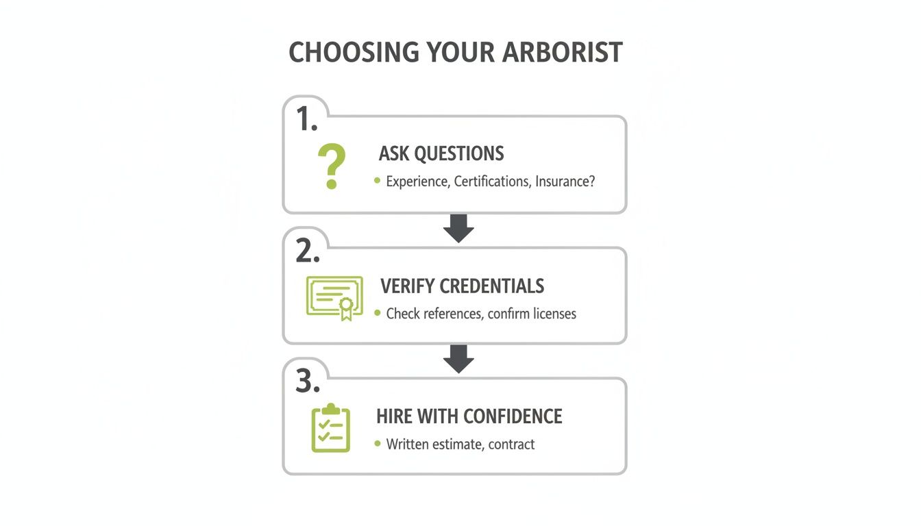 A three-step guide on choosing an arborist, outlining steps to ask questions, verify credentials, and hire with confidence.