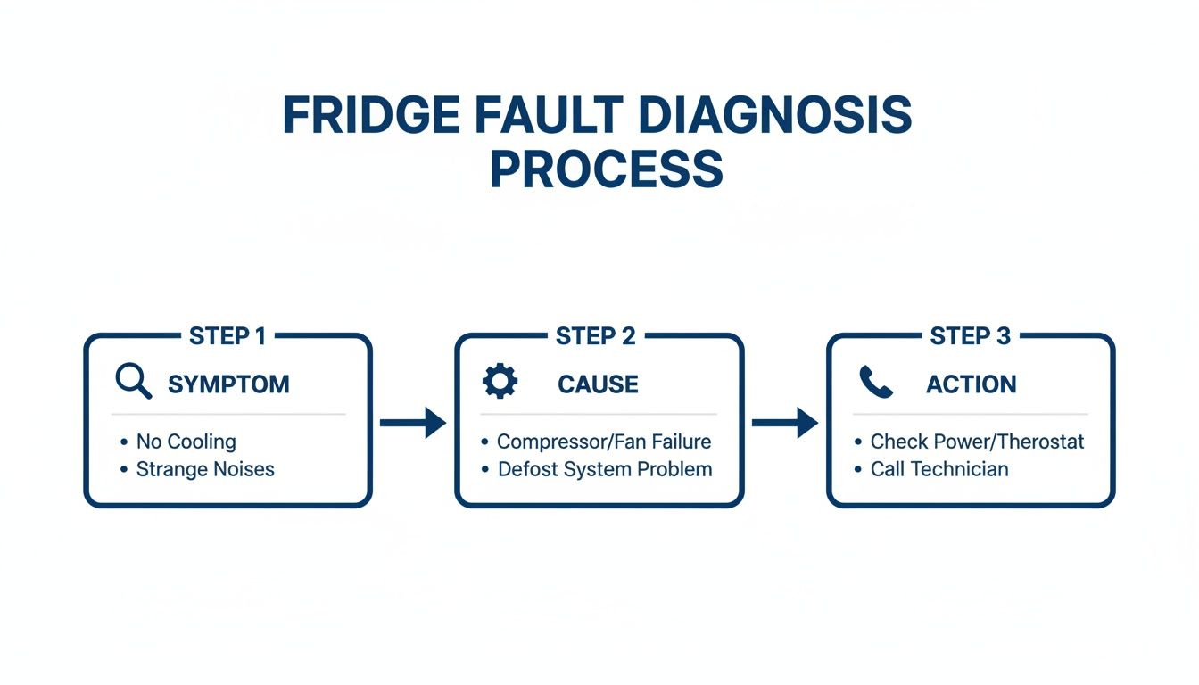 A flowchart detailing the fridge fault diagnosis process, outlining symptoms, potential causes, and actionable steps.