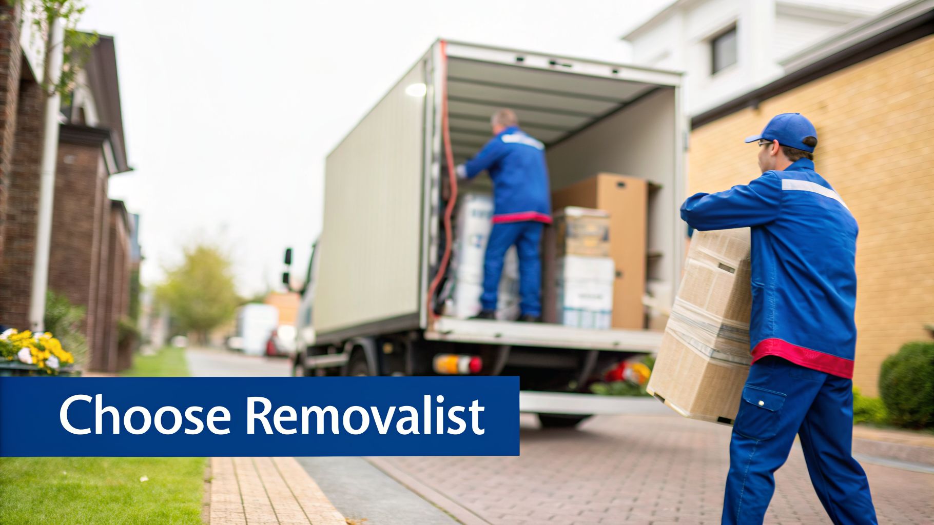 Professional movers loading and unloading boxes from a large moving truck on a residential street.