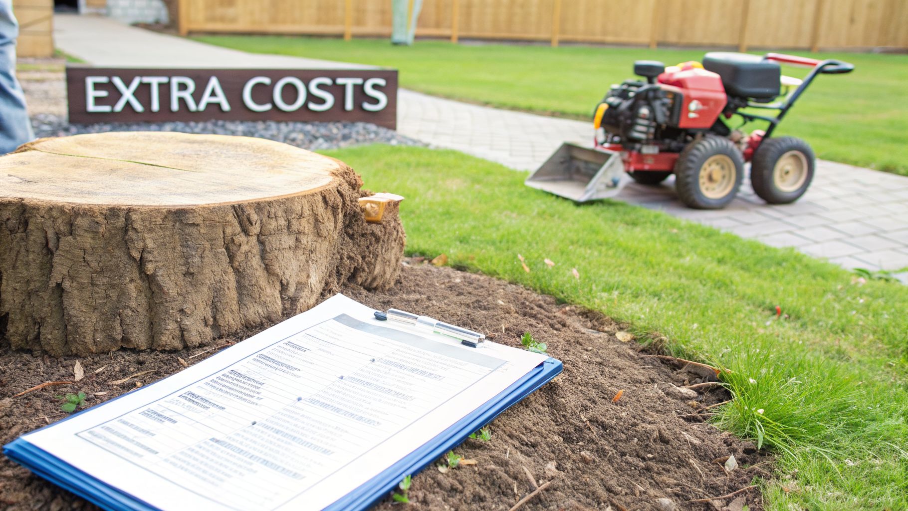 Tree stump next to a clipboard and 'EXTRA COSTS' sign, with a stump grinder in the background.