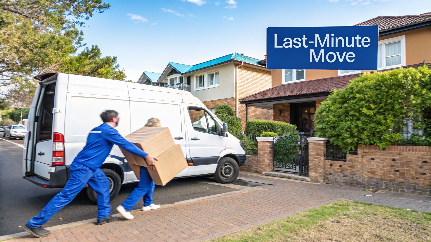 Two professional movers in blue uniforms carrying a large box to a white moving van for a last-minute move.