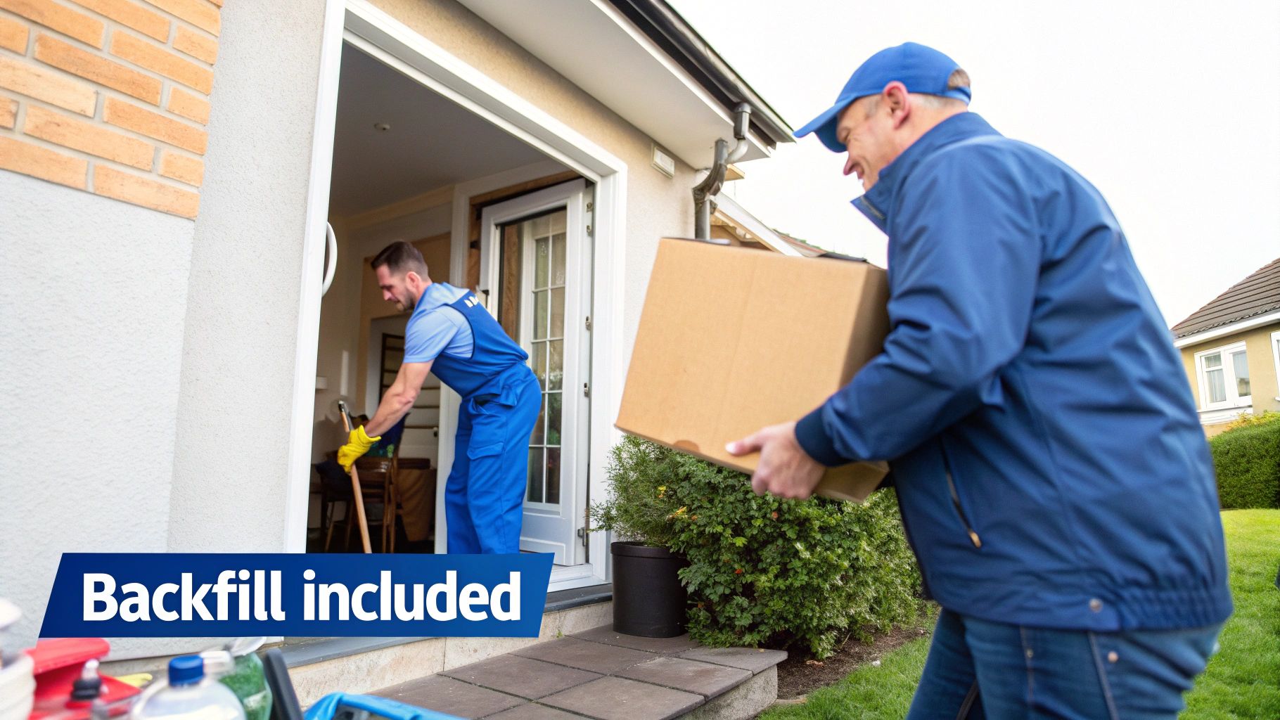 Two men, one delivering a package to a house, while another works inside the doorway.