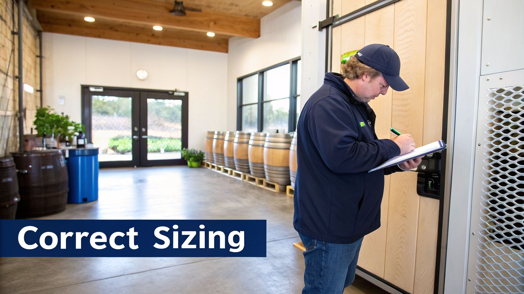 A service technician assesses equipment, writing notes for proper commercial air conditioning sizing.