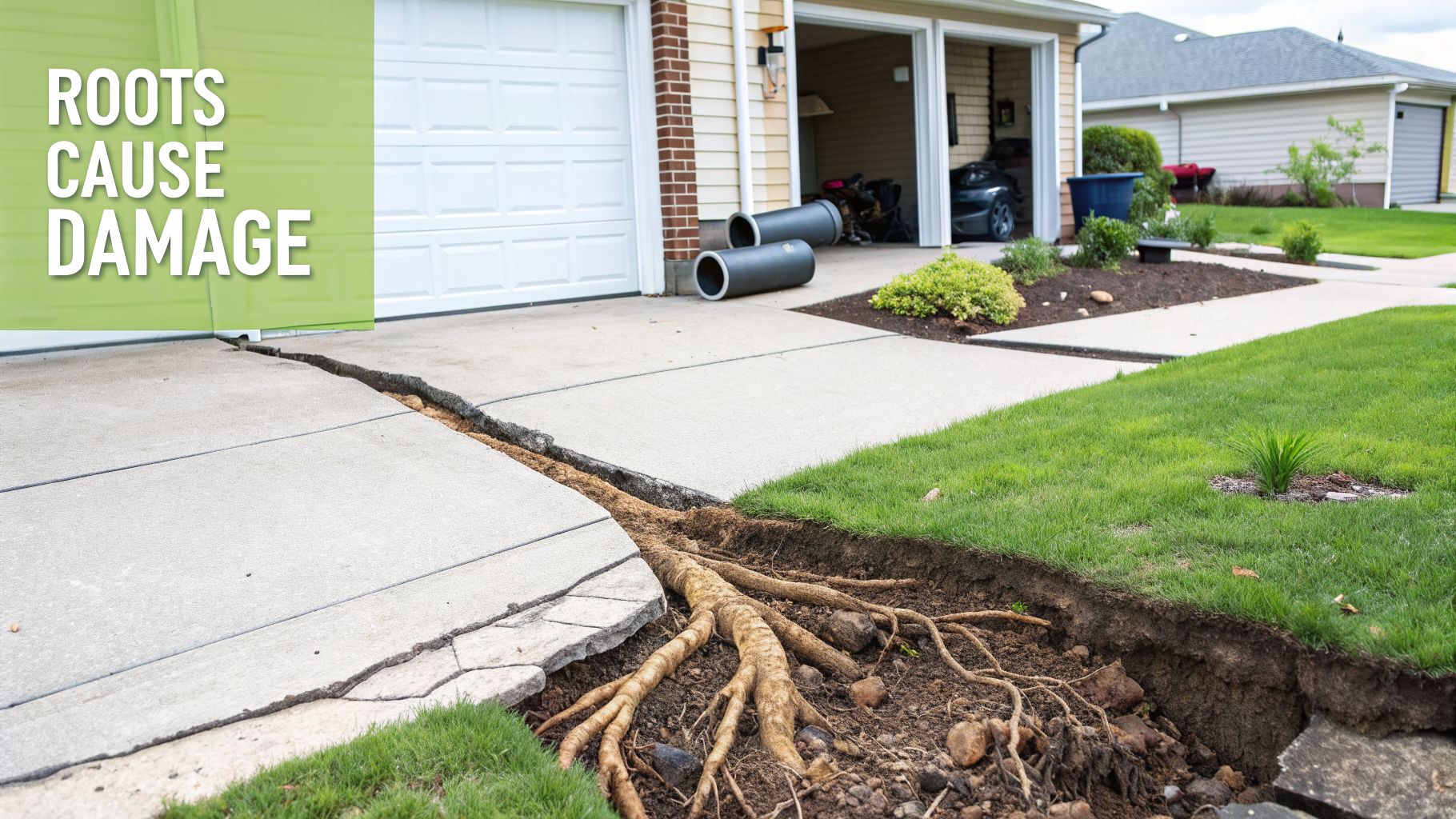 Powerful tree roots severely cracking and uplifting a concrete residential driveway and sidewalk.
