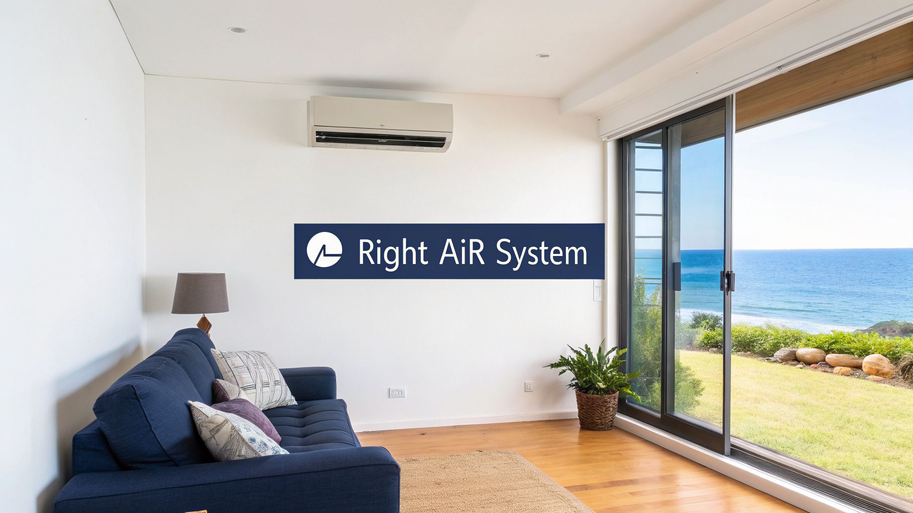A bright modern living room featuring a split system air conditioner, blue sofa, and ocean view.