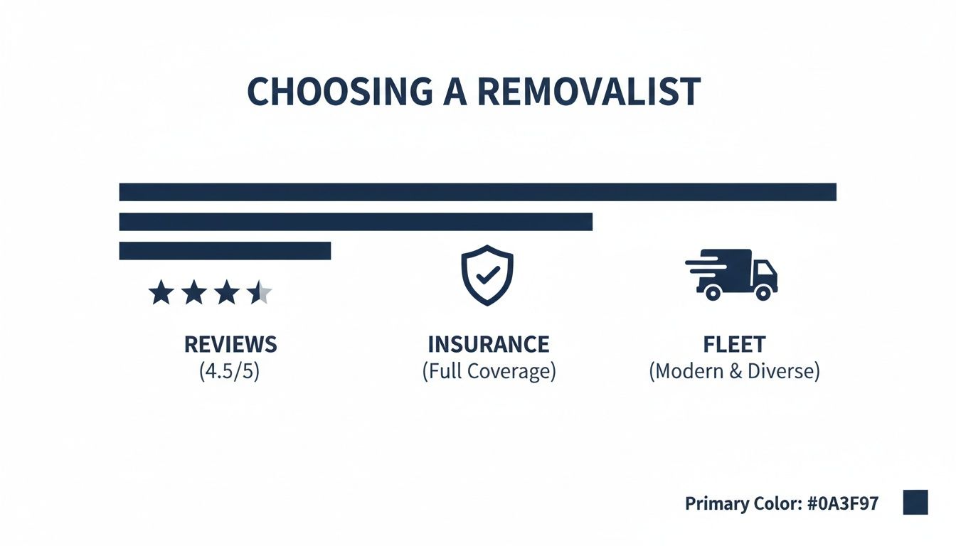 Infographic illustrating key factors for choosing a removalist, including reviews, full insurance, and a modern fleet.