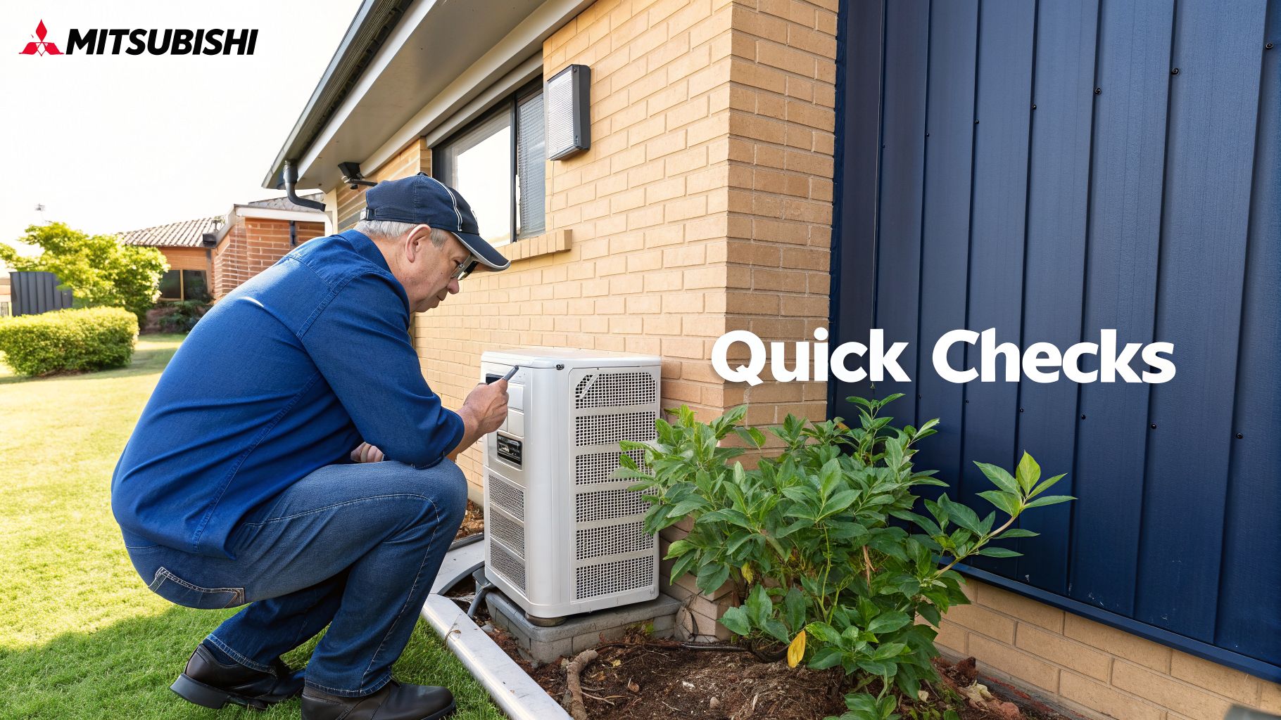 A man in a blue shirt performs a quick check on a Mitsubishi outdoor air conditioning unit.