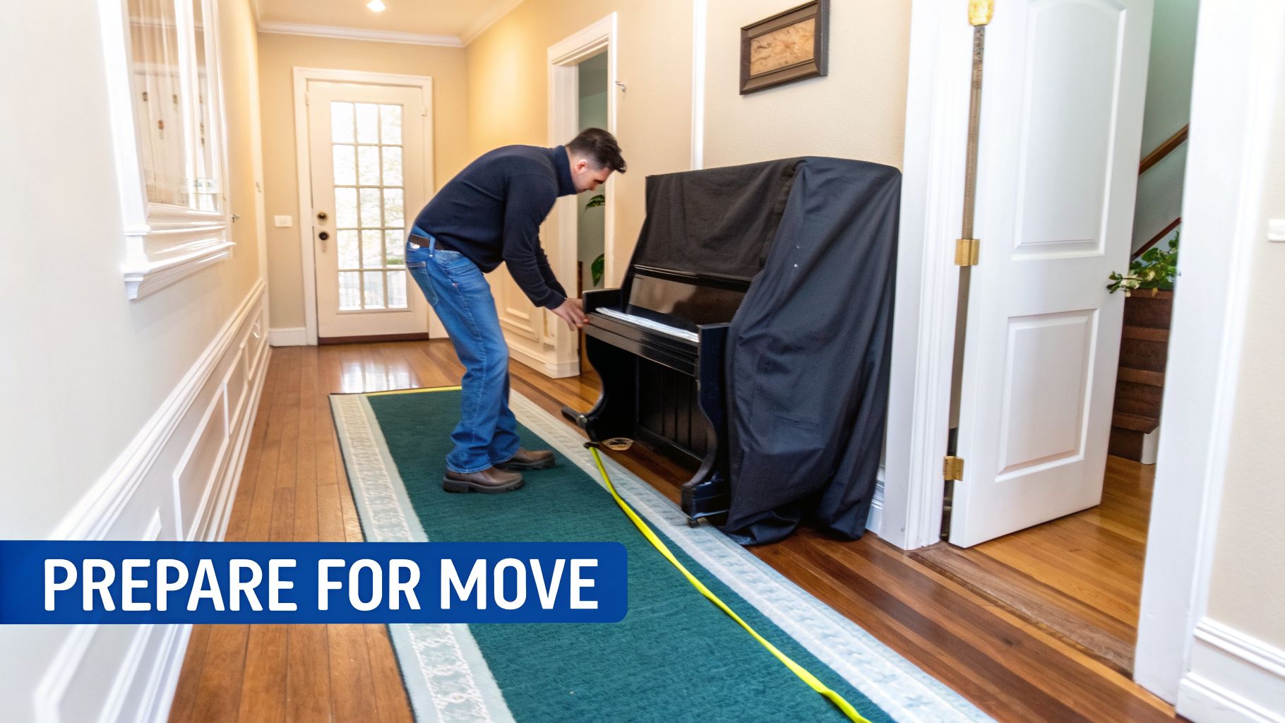 A man covers a black upright piano with a moving blanket in a home hallway.