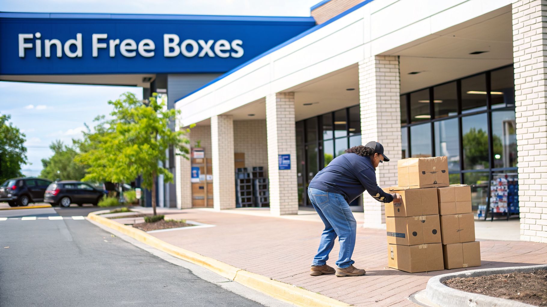A person pushes a tall stack of free moving boxes outside a store under a 'Find Free Boxes' sign.