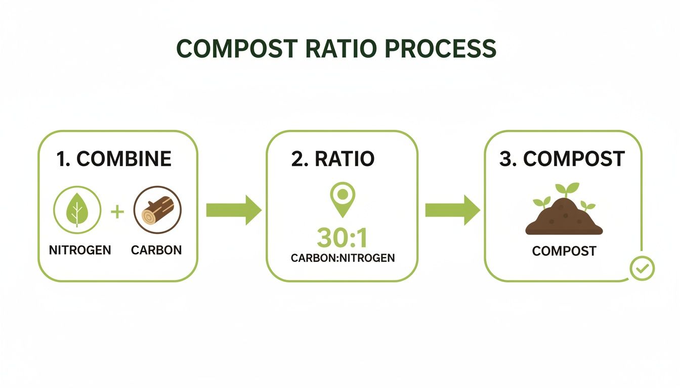 A three-step infographic illustrates the compost ratio process: combining nitrogen and carbon sources at a 30:1 ratio to create compost.