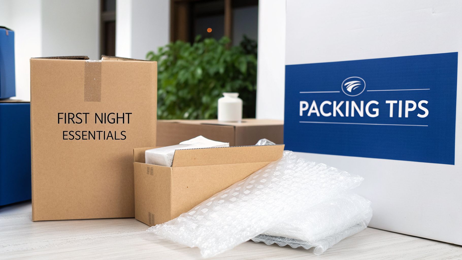 Moving boxes with 'FIRST NIGHT ESSENTIALS' and 'PACKING TIPS' labels, alongside bubble wrap, symbolizing relocation.