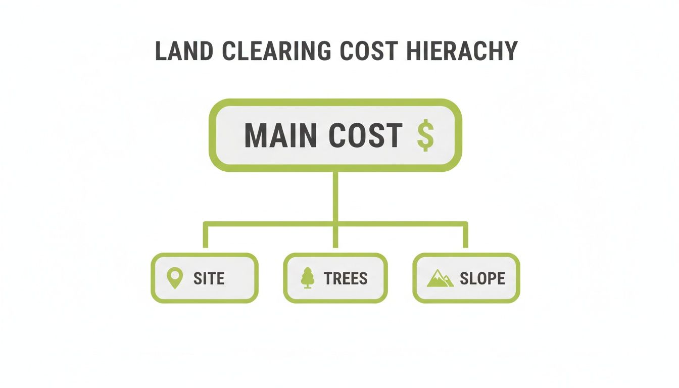 A hierarchy diagram illustrating the main cost factors for land clearing: site, trees, and slope.