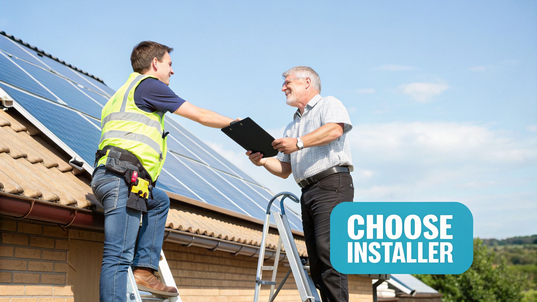 Solar installer on a roof with solar panels hands a clipboard to a smiling client, discussing installation.