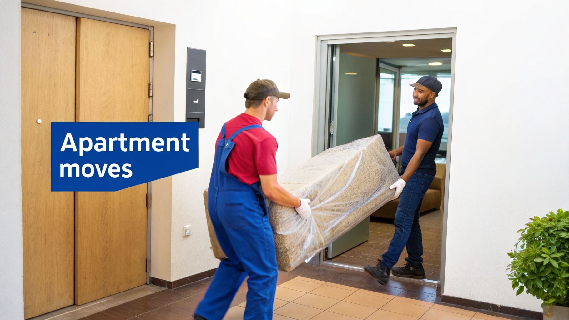 Two movers in uniforms carefully carry a large, wrapped sofa out of an apartment.