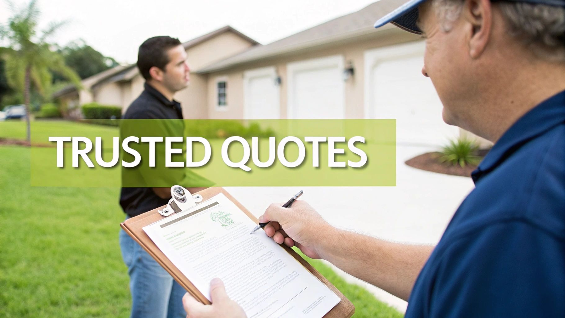 A service professional signing a document on a clipboard for a customer outside a house with 'TRUSTED QUOTES' text.