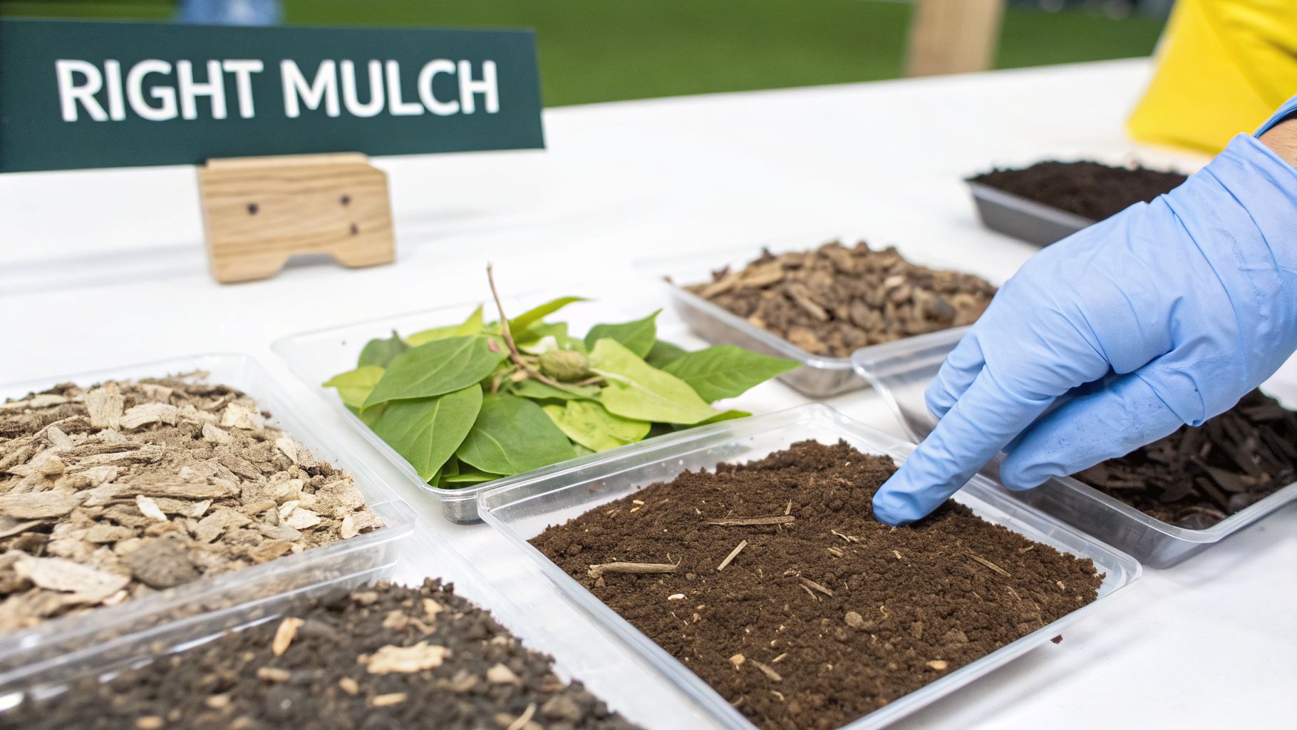 A gloved hand touches a sample of dark soil, surrounded by various mulches and a 'RIGHT MULCH' sign.