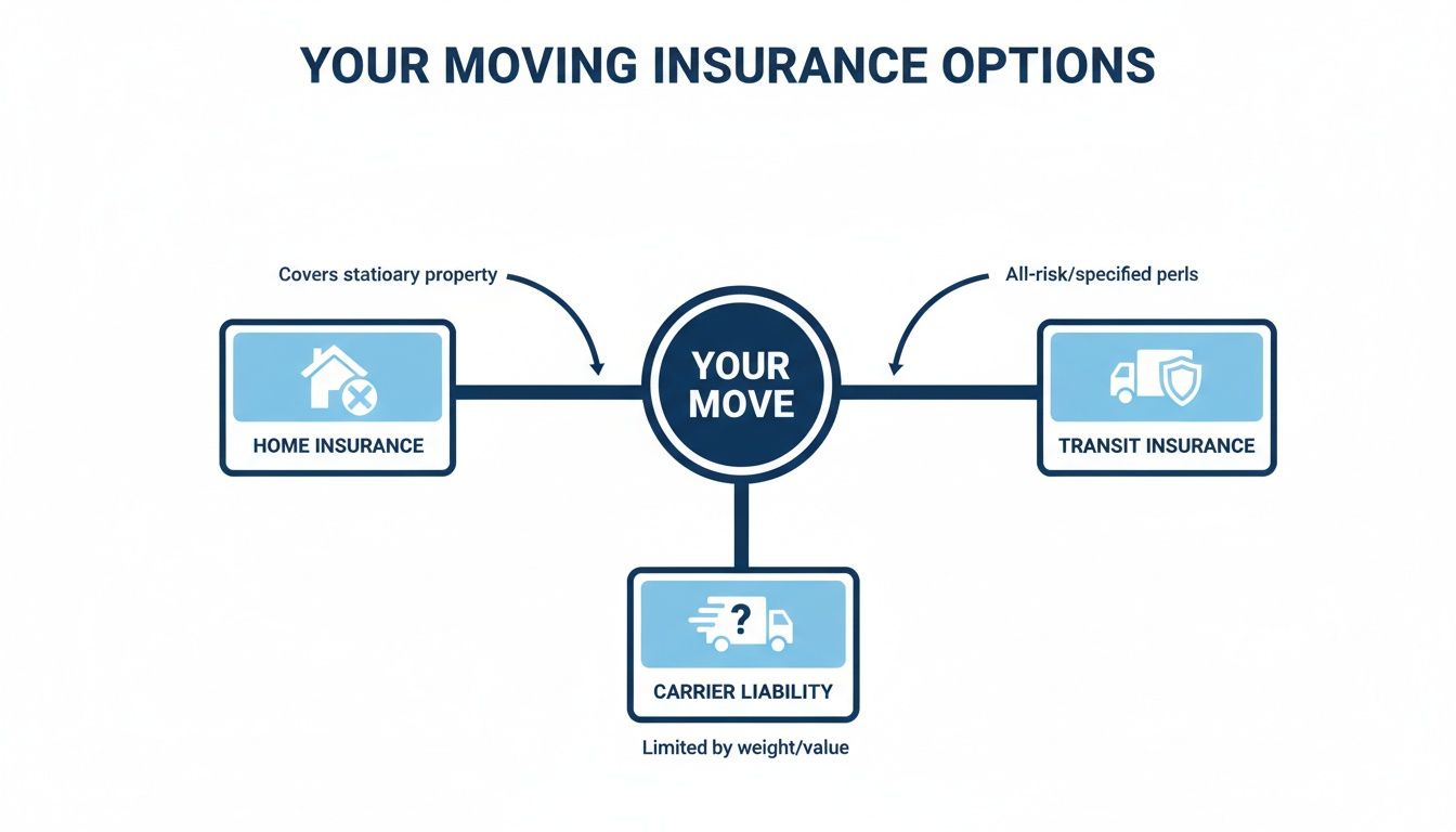 A diagram outlining moving insurance options: home insurance, transit insurance, and carrier liability.