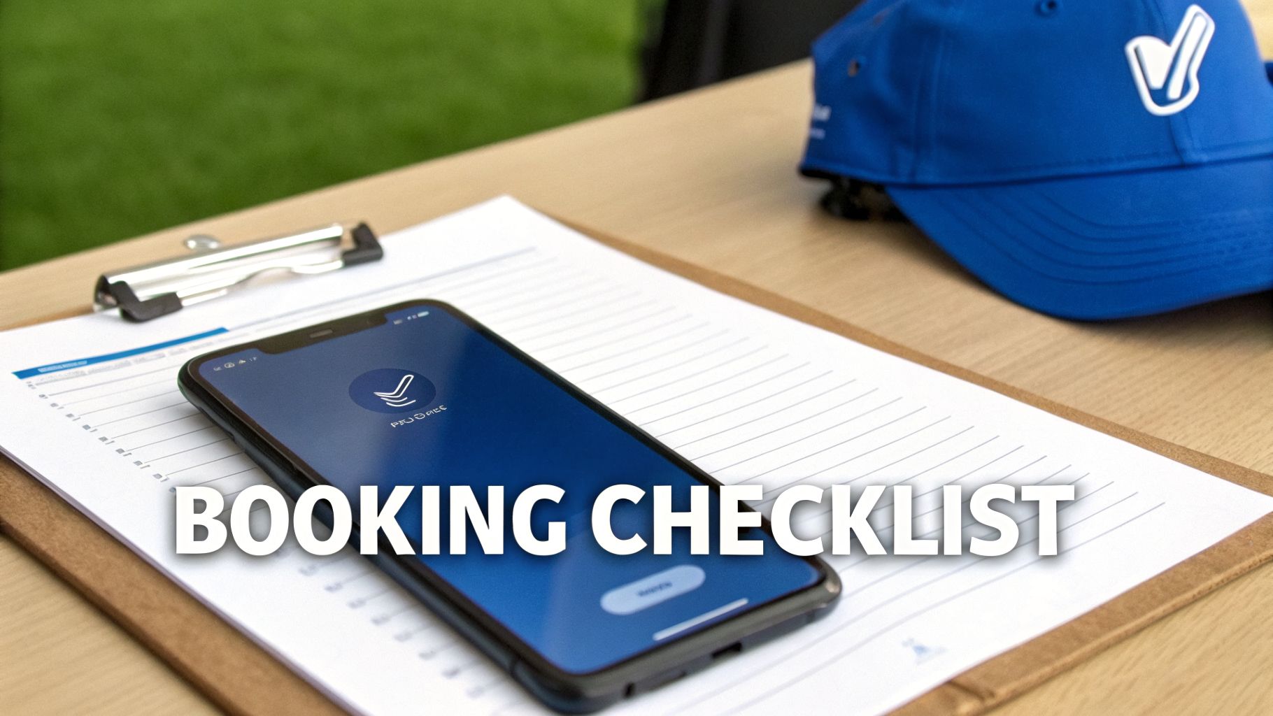 A golf booking checklist on a clipboard with a smartphone displaying a golf app and a blue golf cap.