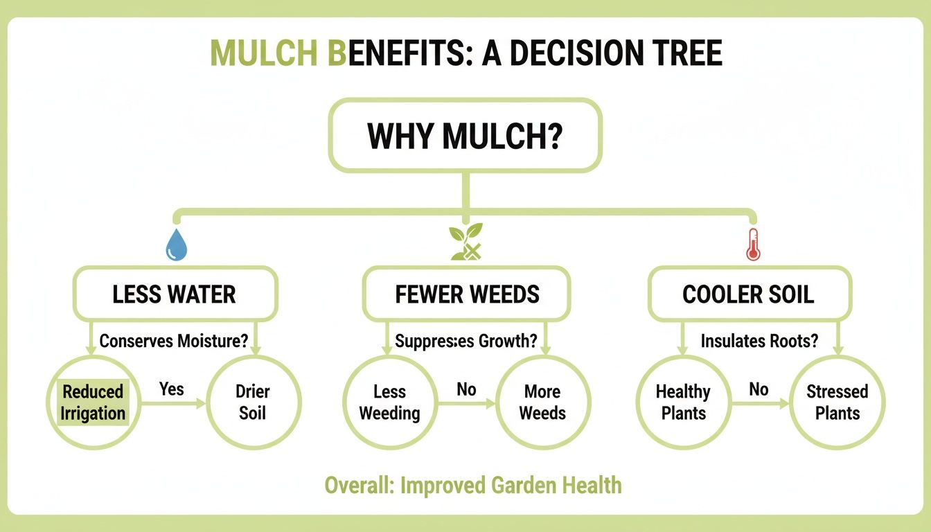 A decision tree illustrating the benefits of mulch for garden health, including less water, fewer weeds, and cooler soil.