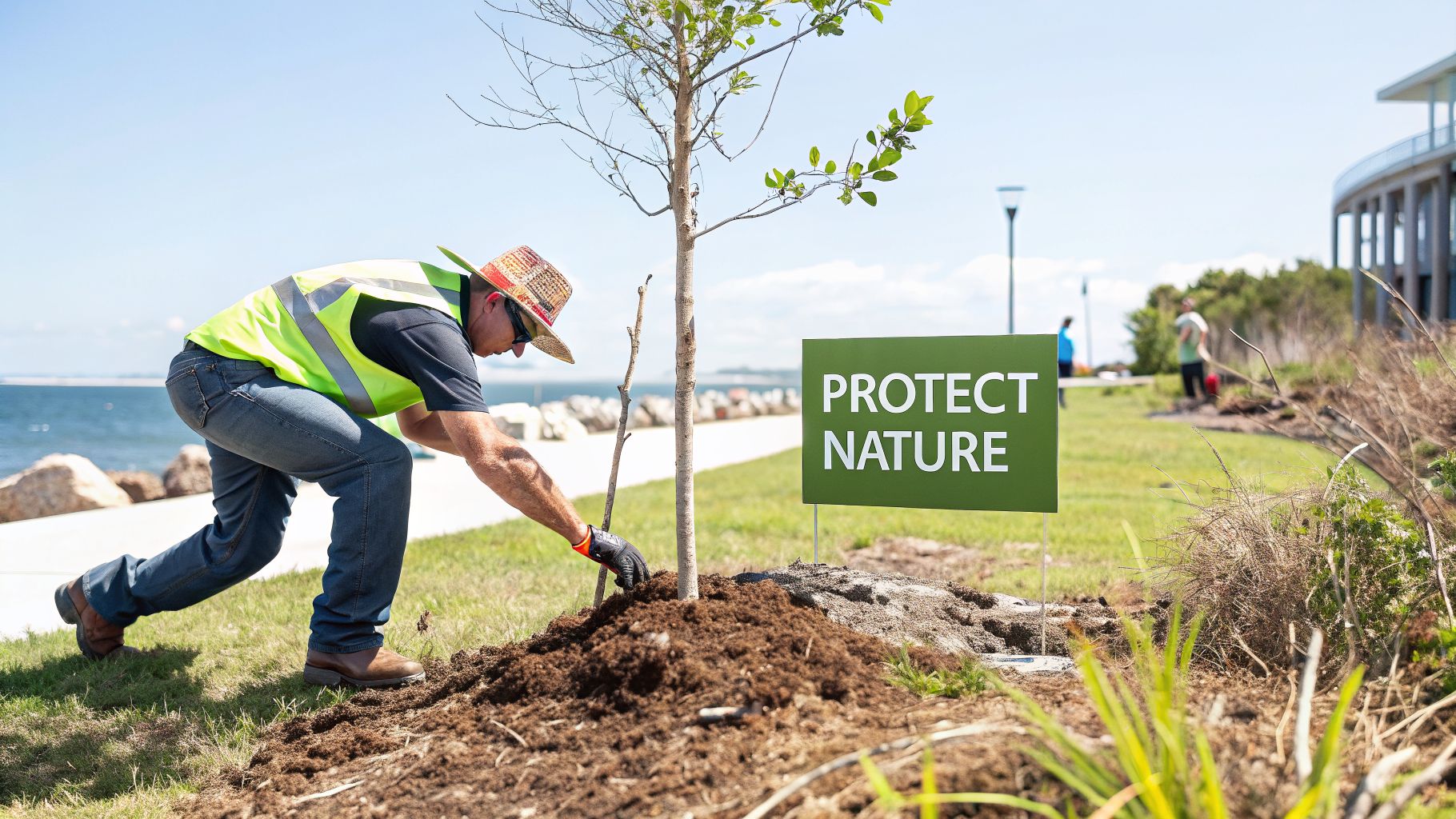 A person in a high-vis vest and straw hat plants a young tree near a 'PROTECT NATURE' sign by the water.