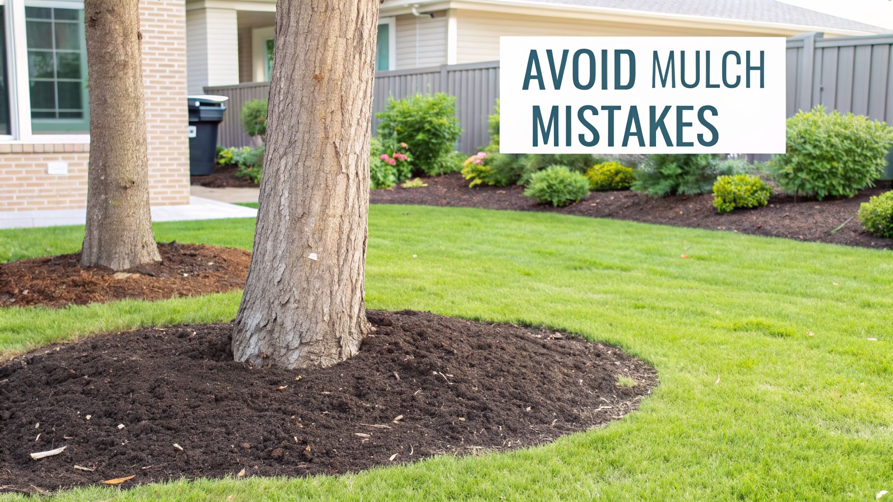 A backyard scene with mulched trees and garden beds, featuring a text overlay "AVOID MULCH MISTAKES".