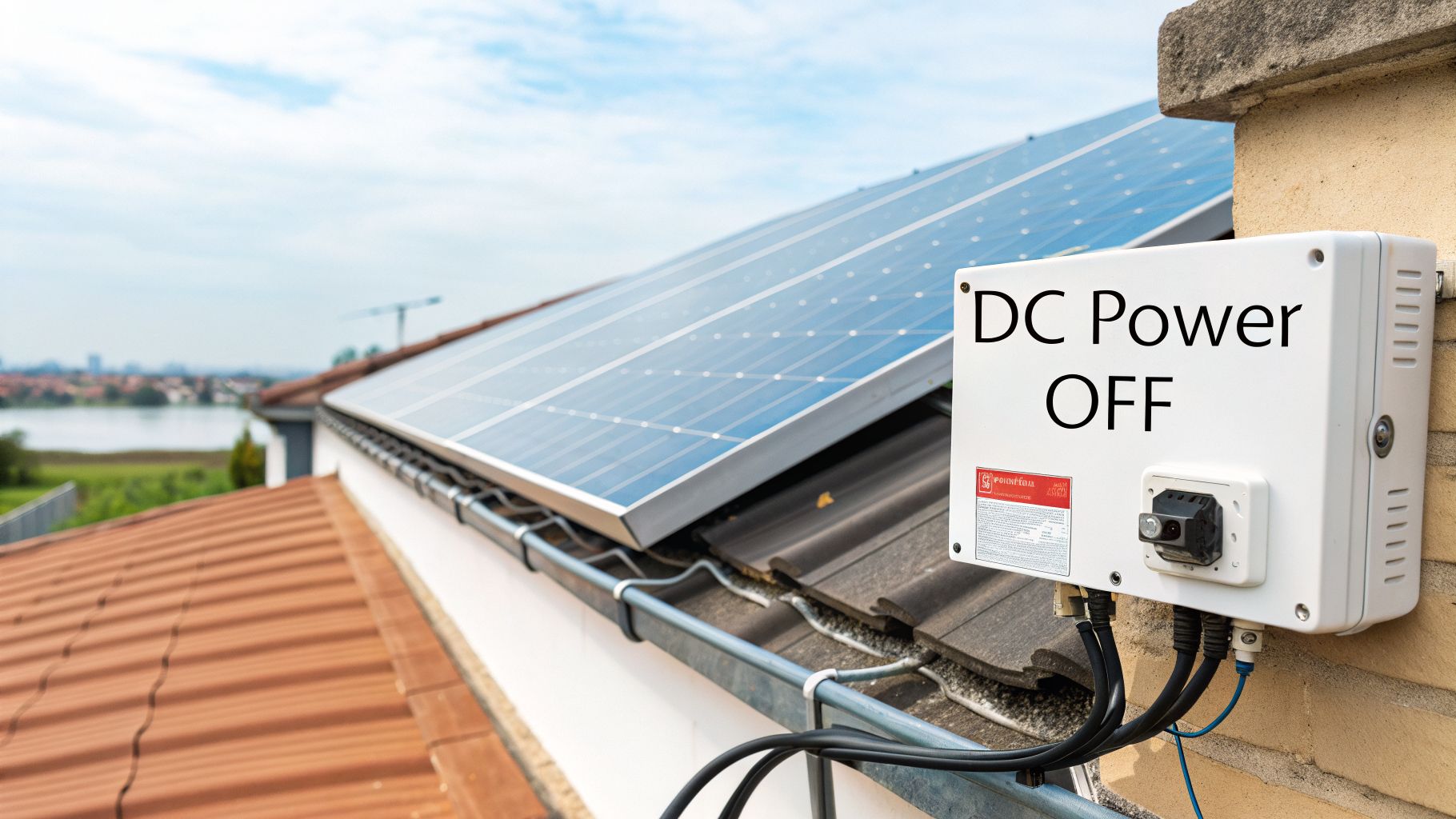 A white DC isolator switch box labeled 'DC Power OFF' on a brick wall next to rooftop solar panels.