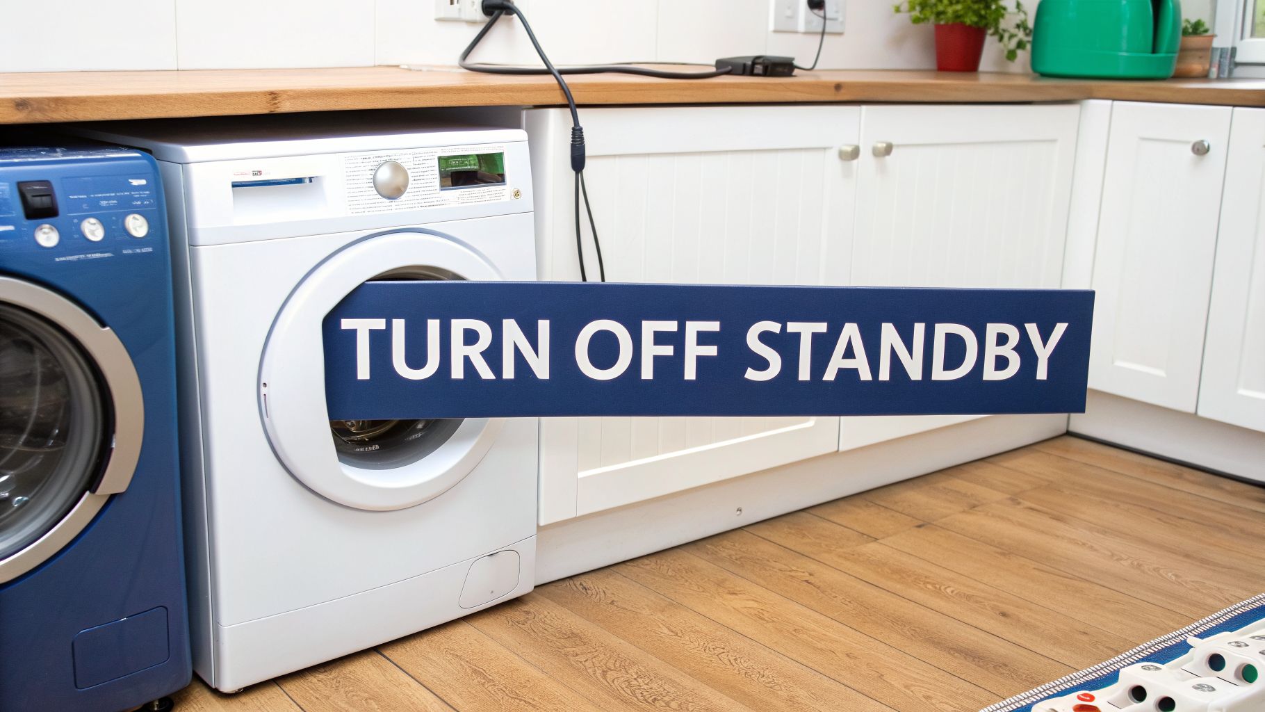 A blue sign with 'TURN OFF STANDBY' text emerging from a washing machine, promoting energy saving.