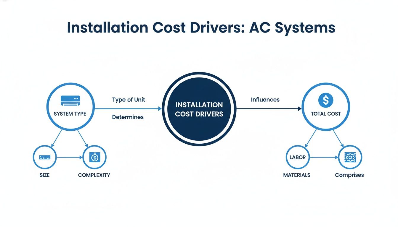 Diagram illustrating key installation cost drivers for AC systems, including system type, size, complexity, labor, and materials.