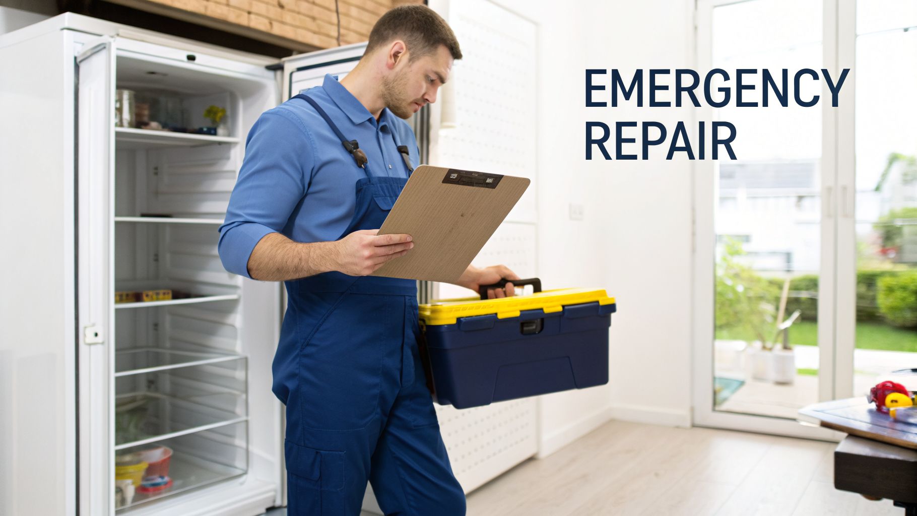 A repairman with a clipboard and toolbox stands by an open refrigerator for emergency repair.