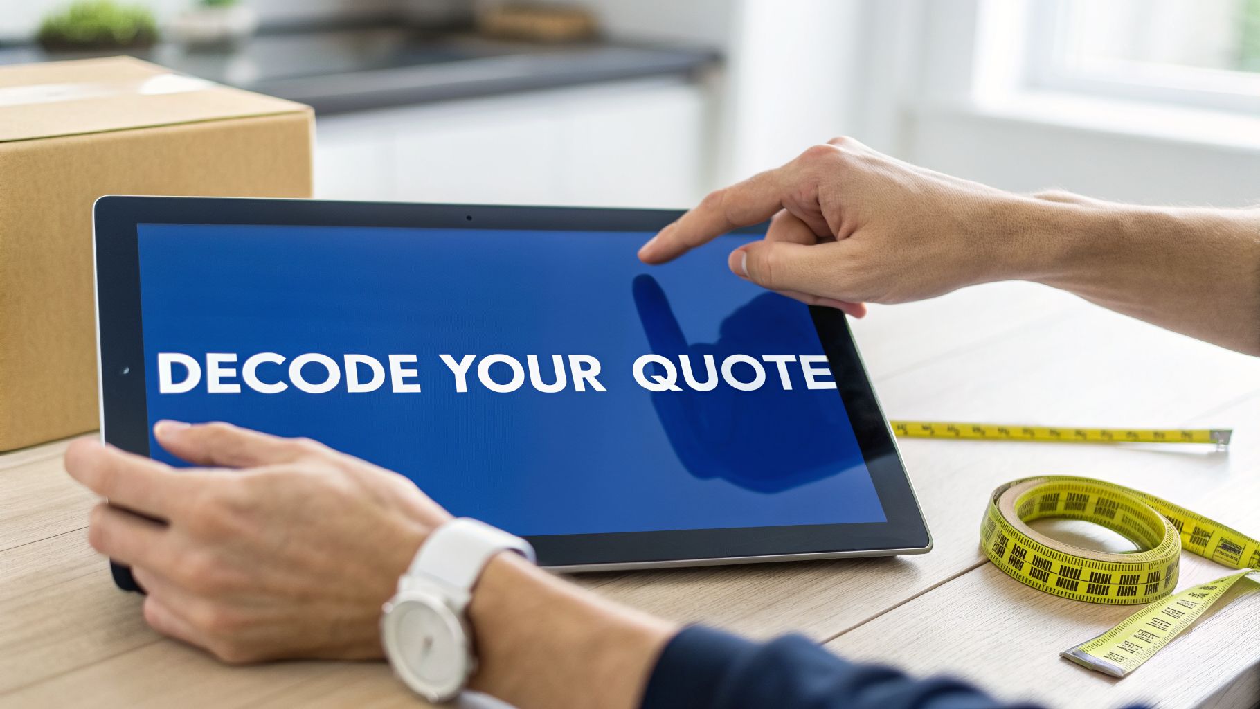 A person uses a tablet displaying 'DECODE YOUR QUOTE' with a box and measuring tape.