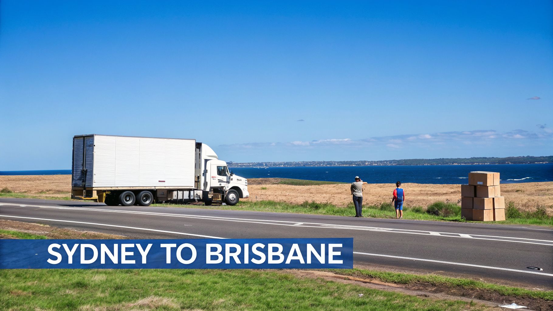 White moving truck and people beside a coastal road with boxes, signifying a Sydney to Brisbane move.