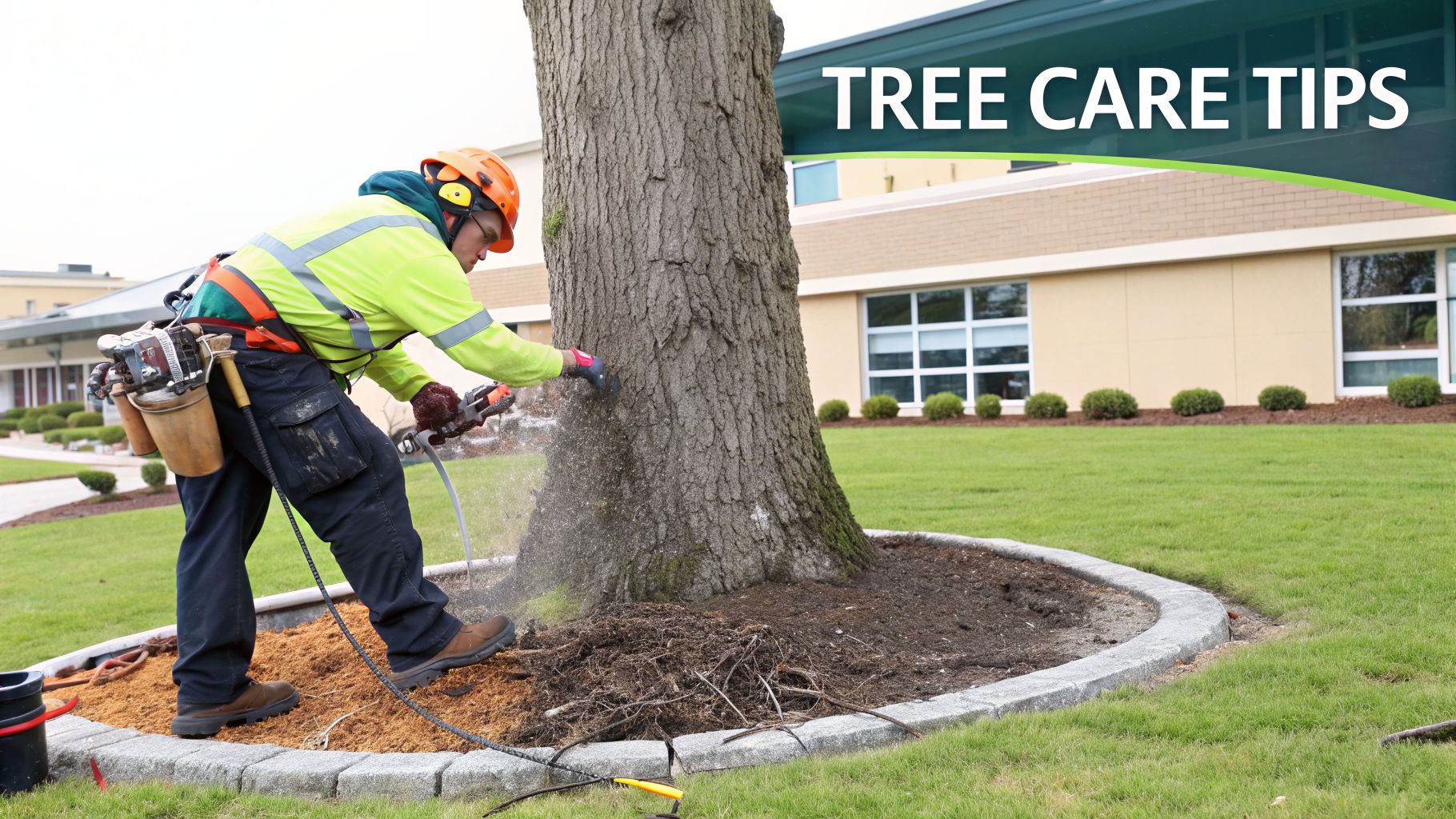 A tree care worker in safety gear uses a high-pressure air tool to aerate soil around the base of a large tree.