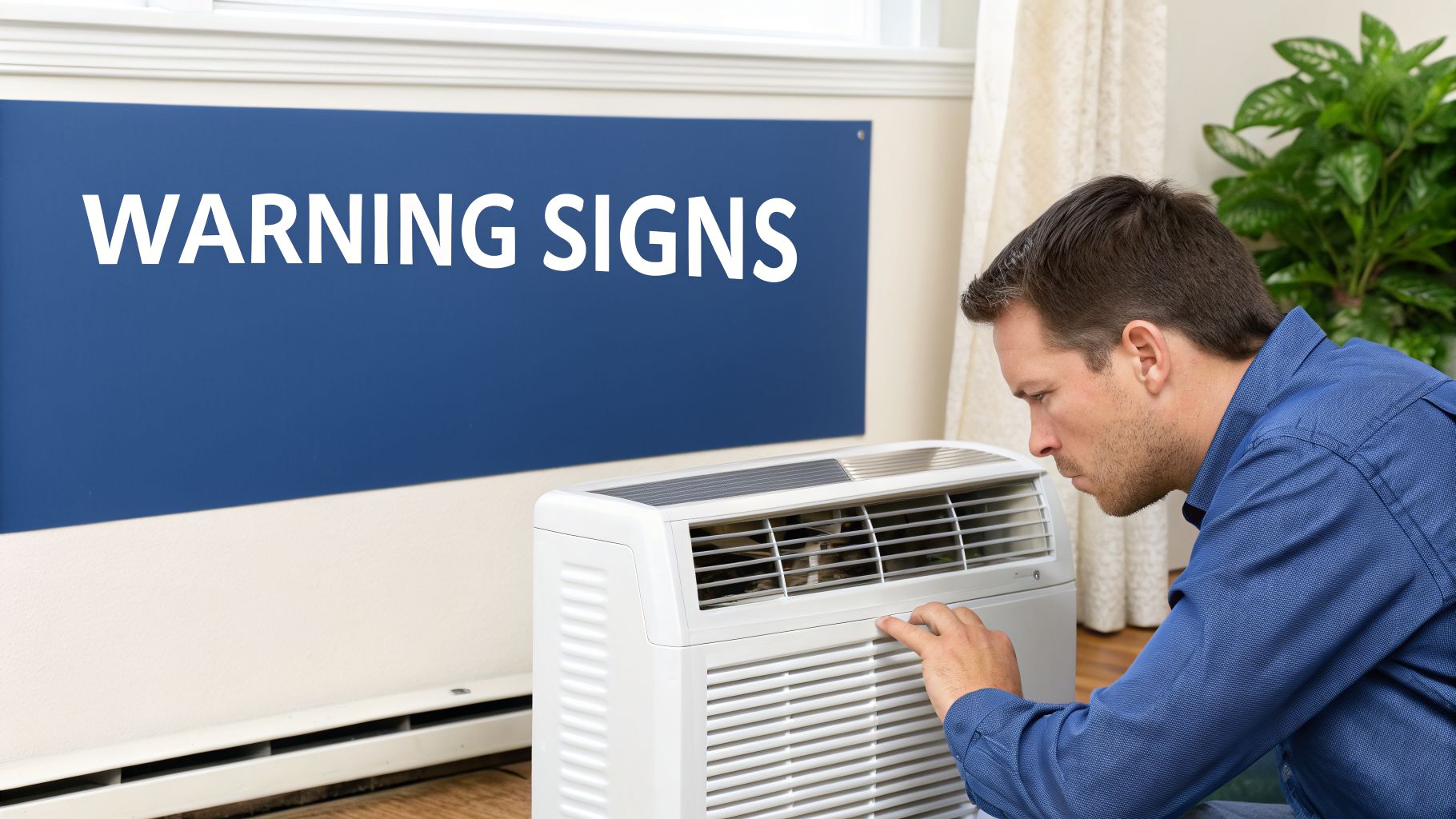 A man in a blue shirt inspects a portable air conditioner unit next to a 'WARNING SIGNS' display.