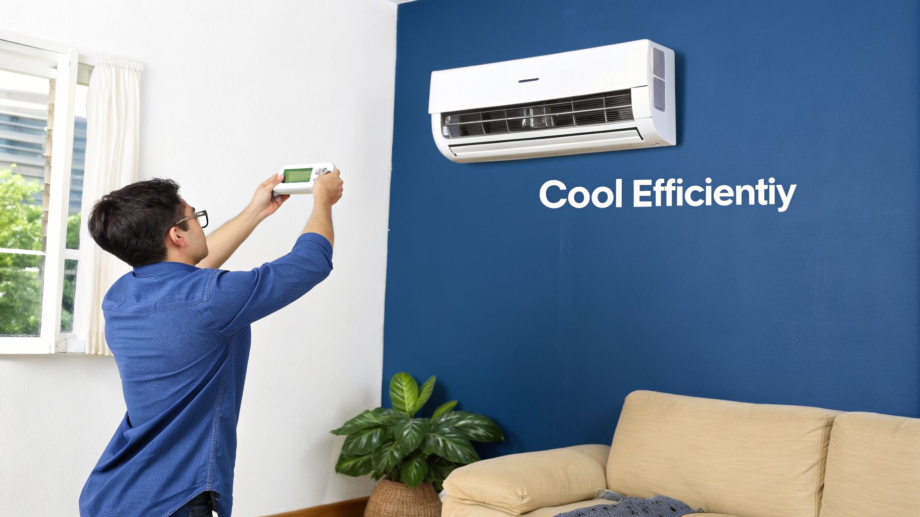 Man in a blue shirt adjusting a wall-mounted air conditioner with a remote control for efficient cooling.