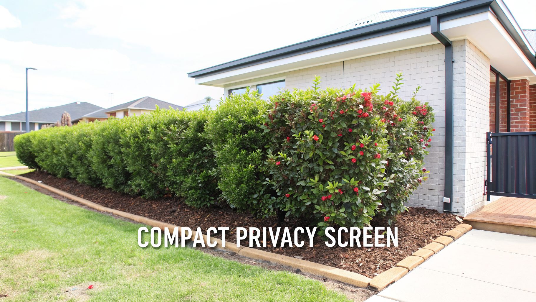 A neatly trimmed row of green and flowering bushes provides a compact privacy screen for a modern house.