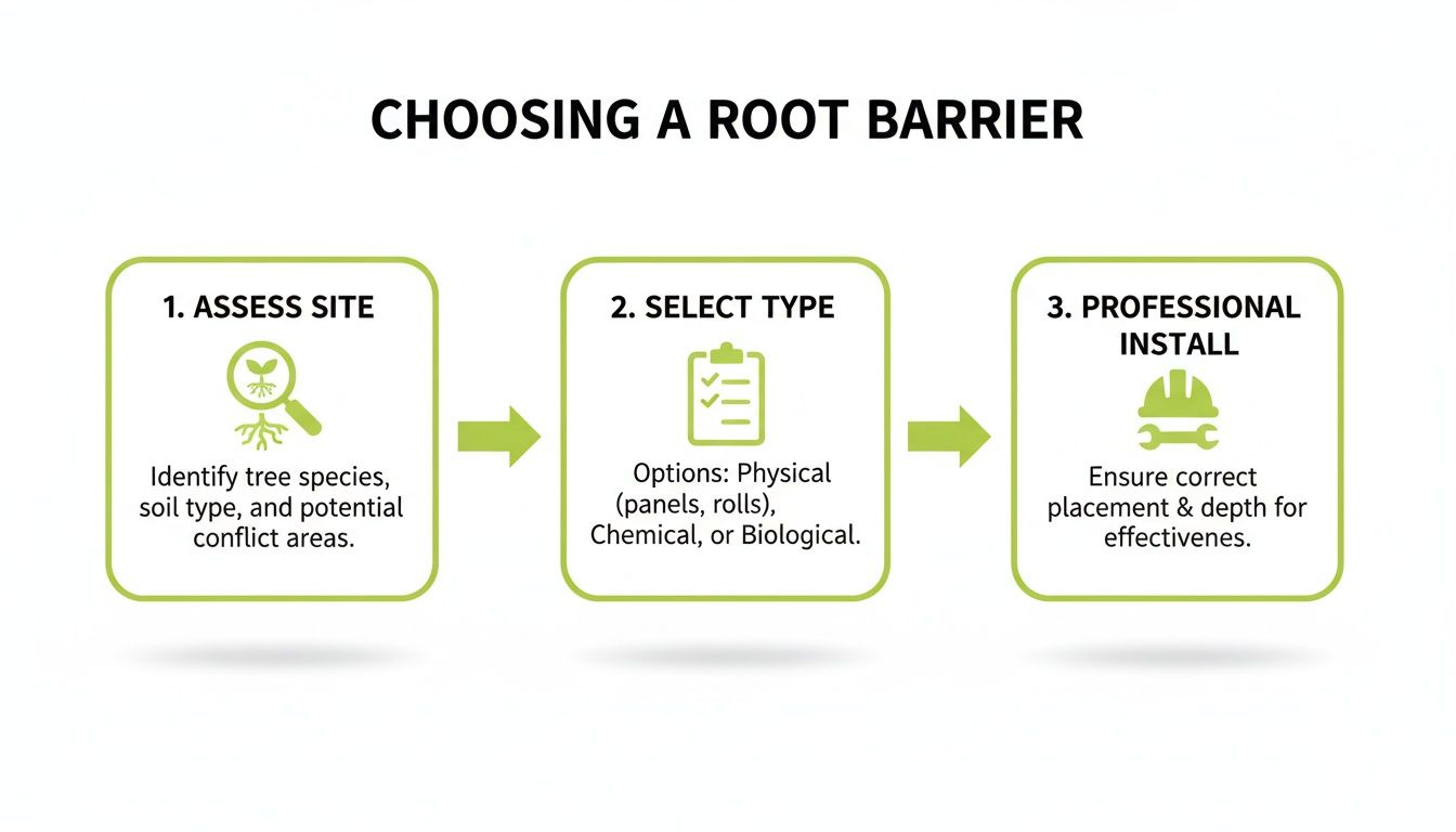 A three-step guide to choosing a root barrier, covering site assessment, type selection, and professional installation.
