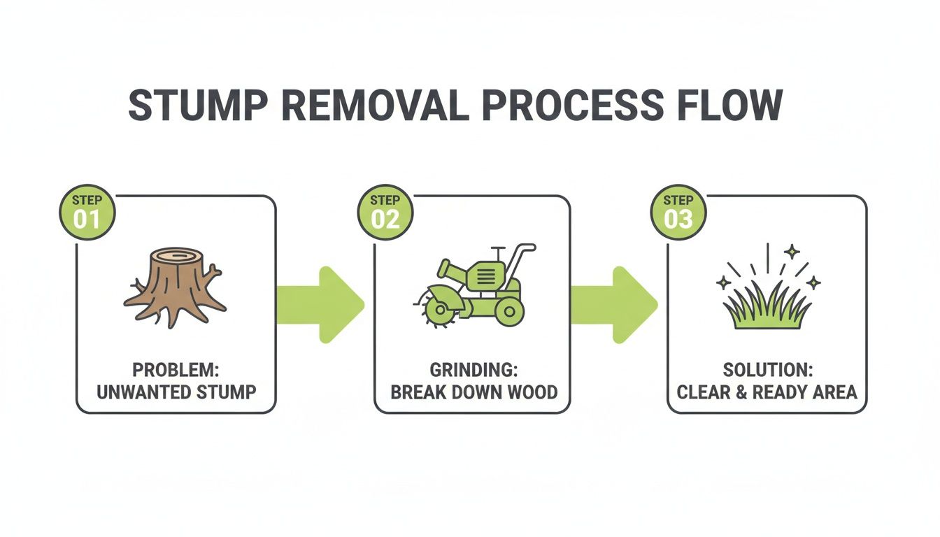 Infographic illustrates a three-step stump removal process: identifying the unwanted stump, grinding it down, and clearing the area.