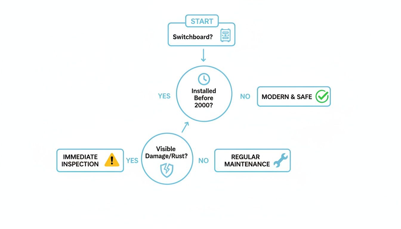 Flowchart outlining a decision process for checking a switchboard's age and condition for safety and maintenance.