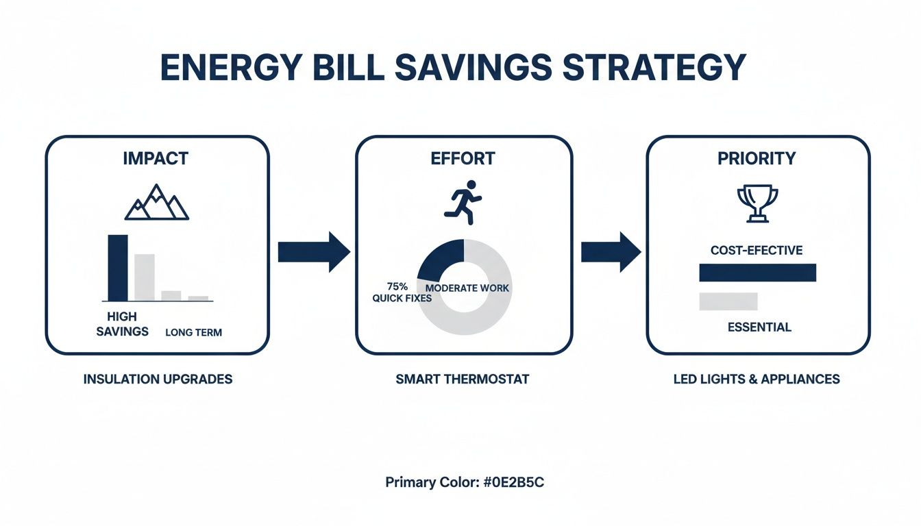 Infographic illustrating an energy bill savings strategy with insulation, smart thermostat, and LED lights.