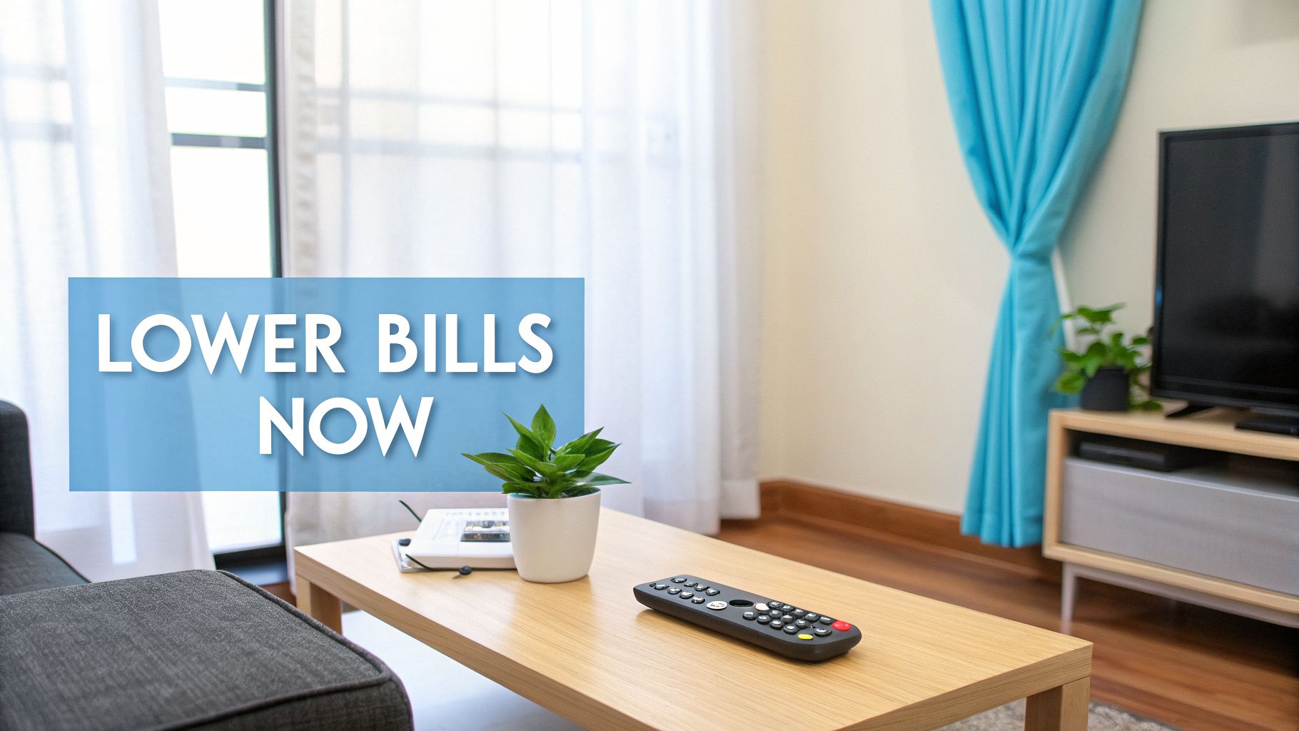 Modern living room scene with a sofa, coffee table, and TV, promoting lower bills now.