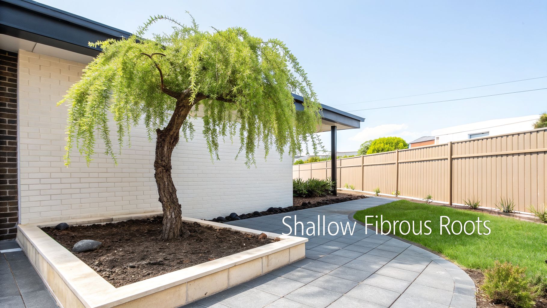 A weeping tree in a raised garden bed next to a white brick house, with a paved path and lawn.