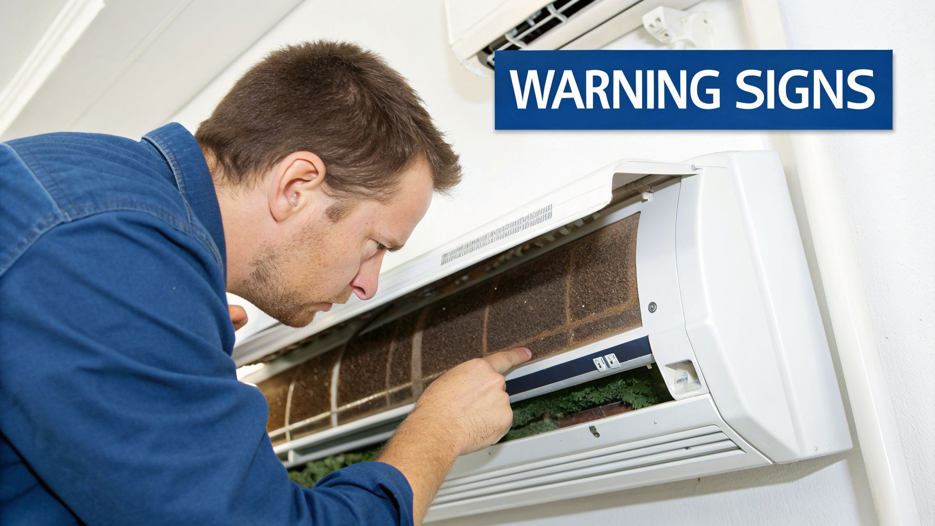 A man inspects an extremely dirty air conditioner filter, highlighting maintenance warning signs.