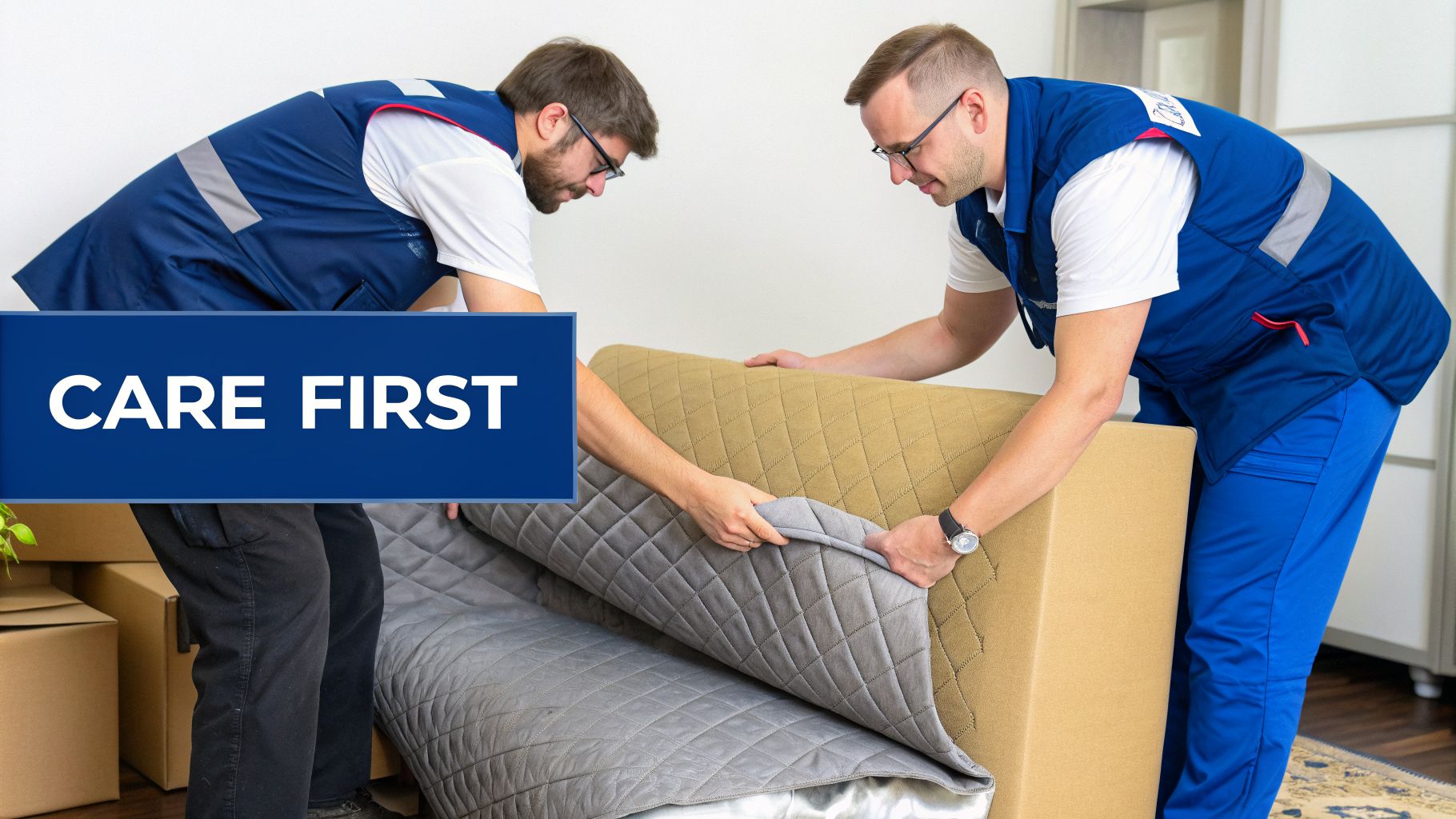 Two professional movers carefully wrap a couch with a protective blanket, ensuring safe transit.