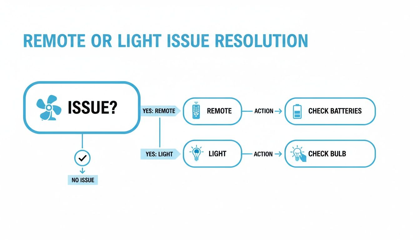 A flowchart for resolving issues with a ceiling fan, addressing remote battery or light bulb problems.
