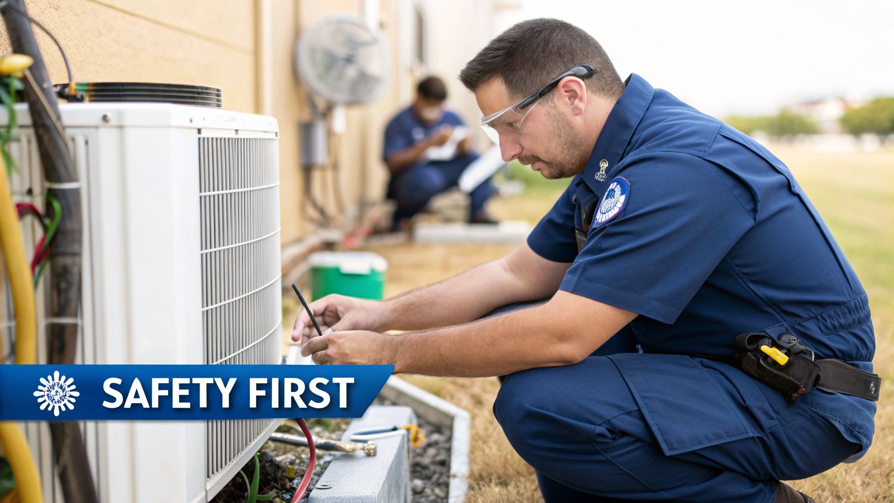 A technician wearing safety glasses inspects an outdoor air conditioning unit, with a "SAFETY FIRST" banner overlay.