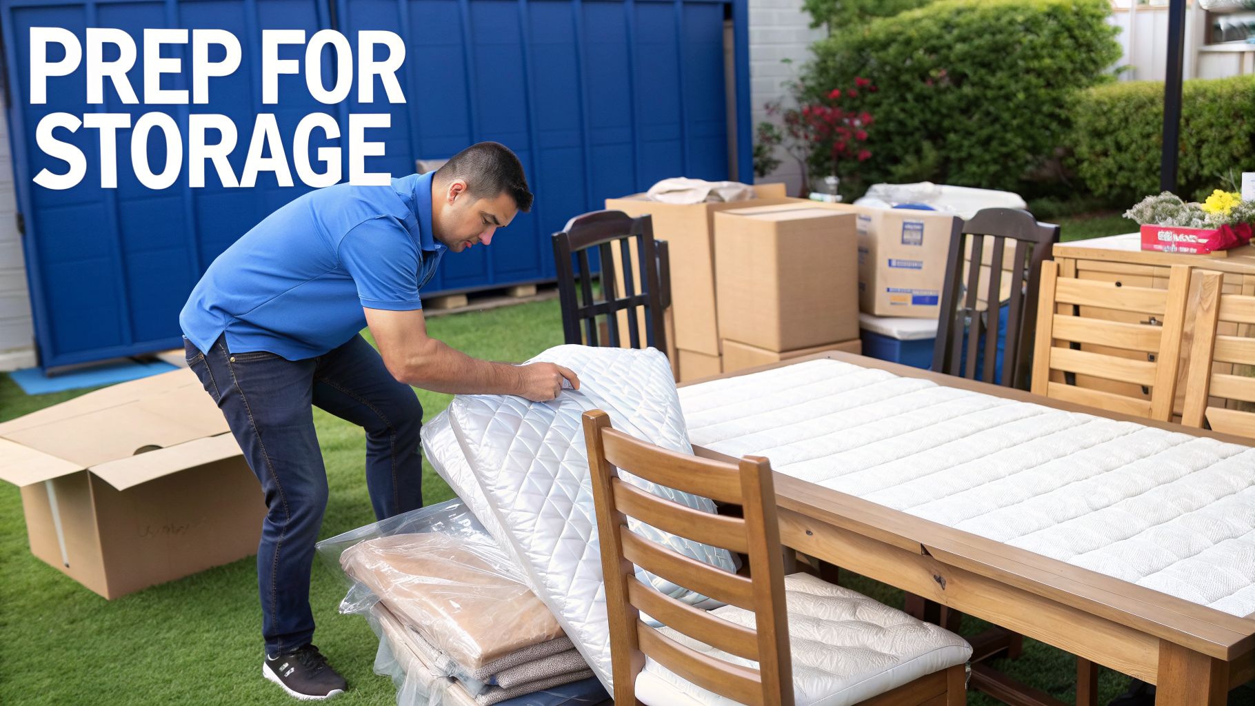 Man bagging a mattress outdoors, surrounded by packed boxes and wooden furniture for storage.