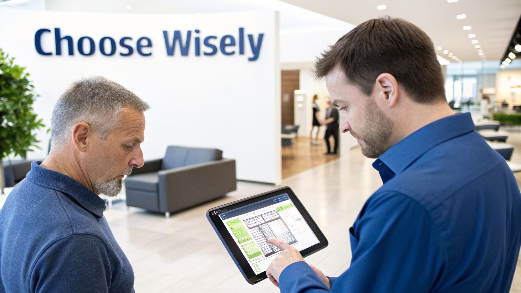 Two men examine a tablet displaying technical information in a modern office.