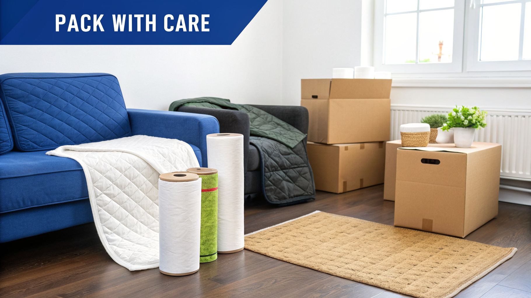 A room with sofas, packing supplies, and moving boxes, ready for packing and self-storage.