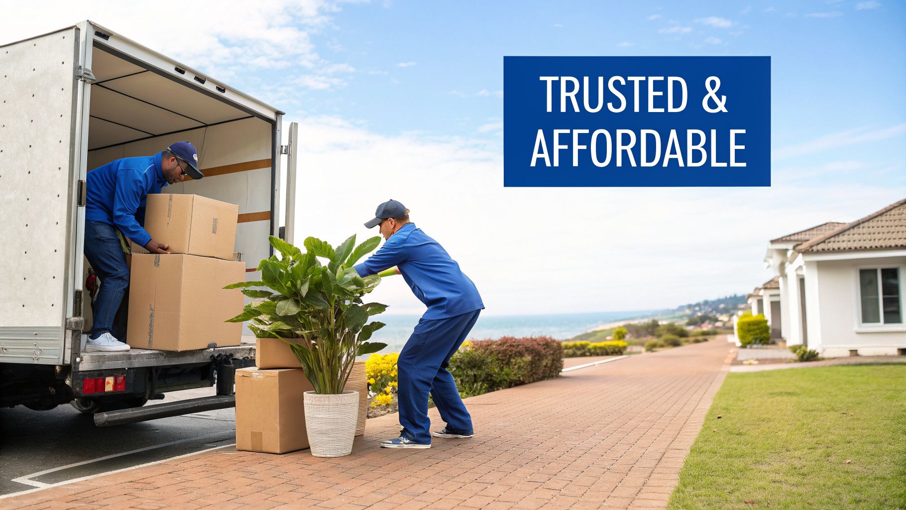 Two professional movers in blue uniforms unload moving boxes and a plant from a large truck.