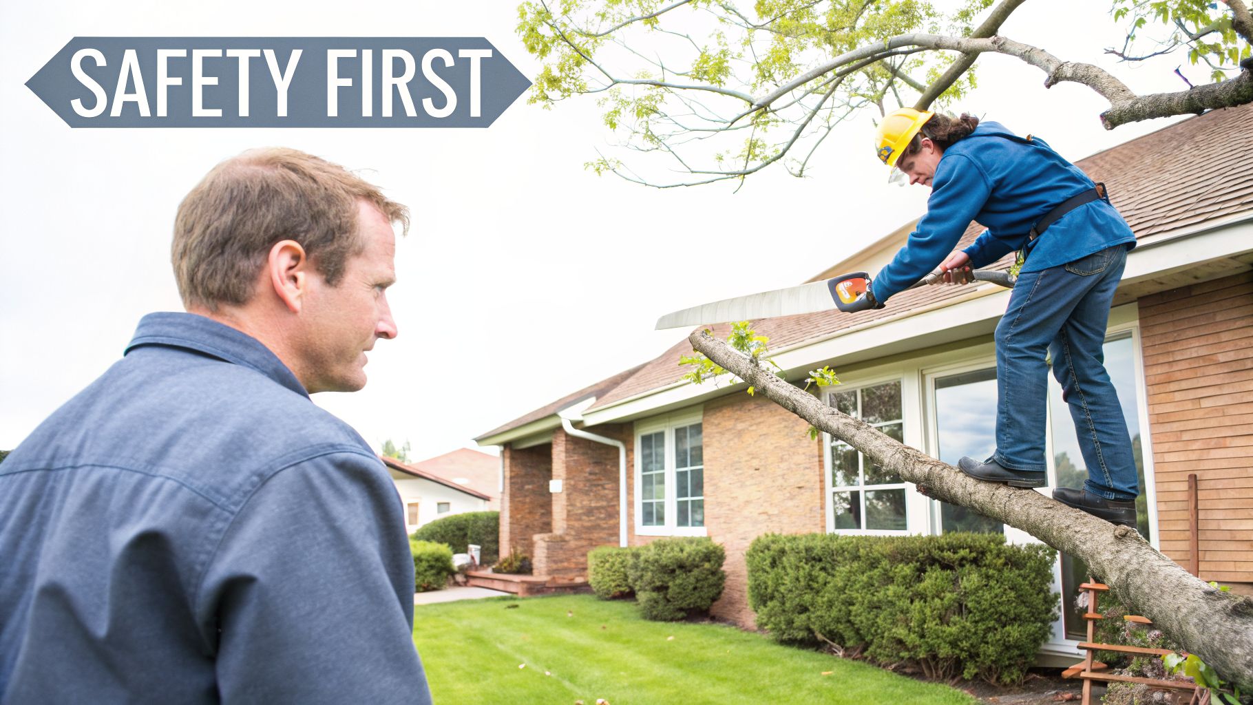 Man in hard hat unsafely cuts a tree branch while standing on another. A 'SAFETY FIRST' sign is visible.